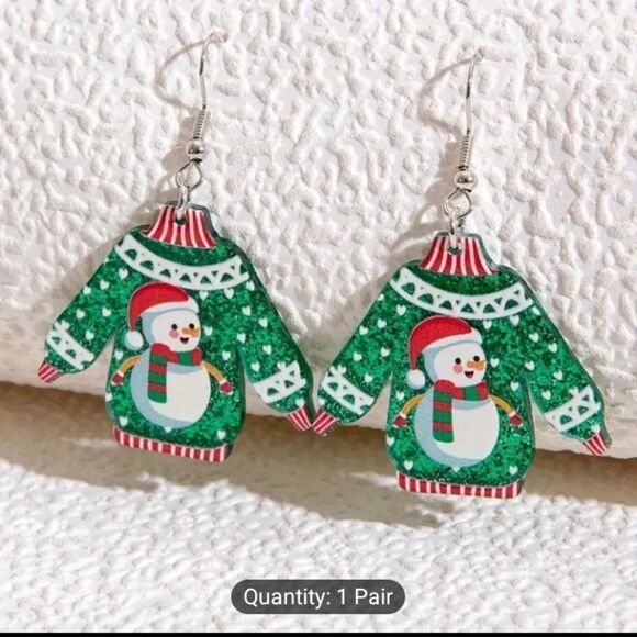Christmas earrings snowman sweater dangle acrylic new e70 - Picture 1 of 3
